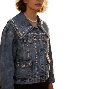 #A002   Pearl Embellished Denim Jacket – Size L – New without Tag